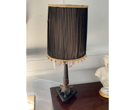 An ornate French lamp with column support, marble base, ball drop shade, 64.5cm tall including shade 