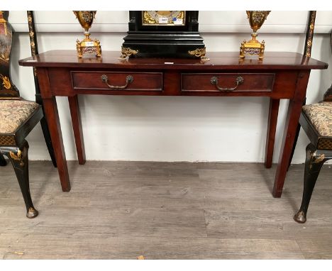 A walnut console/hall table with shaped top, twin frieze drawers, square tapering legs, 72cm tall x 137cm wide x 41cm deep 