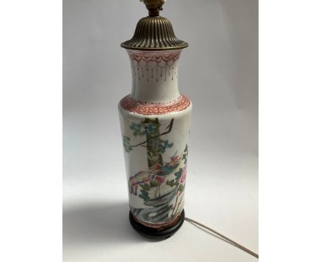 A Chinese porcelain vase converted into a table lamp, ebonised wood base a/f, 70cm with shade 