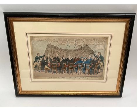 An early 19th Century hand coloured etching 'Enclosing the flats' depicting political satirical scene, S.W. Fores, 40cm x 25c