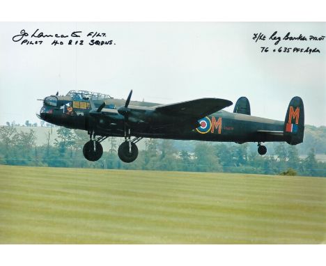 WW2 RAF Lancaster bomber veterans Flt Lt Jo Lancaster 40 sqn and Flt Lt Reg Barker 76 sqn signed 12 x 8 b/w stunning Lancaste