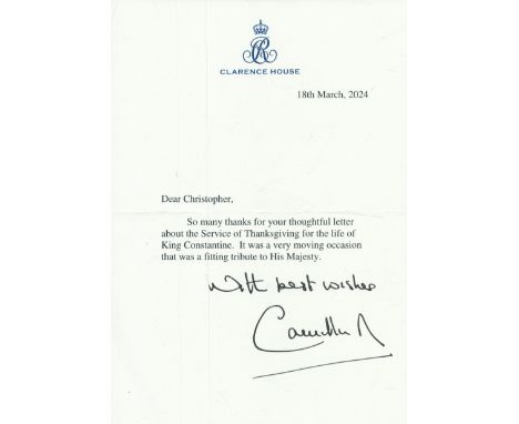 HER MAJESTY QUEEN CAMILLA A hand signed letter from the Queen, dated 18 March 2024, referring to the then recent death of her
