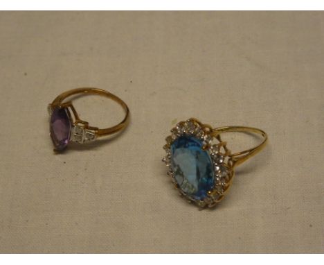 A 9ct gold Art Deco style dress ring set amethyst flanked by diamond chips and one other 9ct gold dress ring set blue stone (