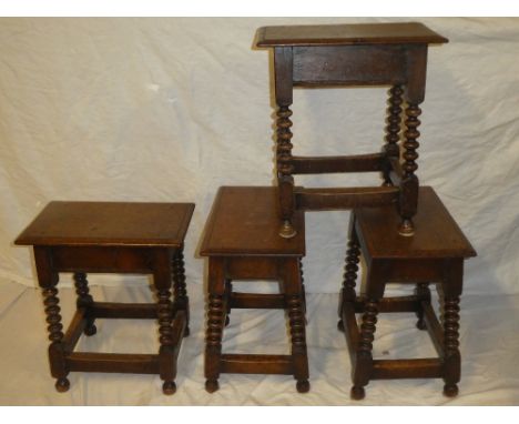 A set of four 17th century-style oak rectangular joint stools by Goodalls of Manchester with bobbin turned legs