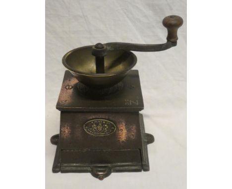 An old copper and brass No. 3 coffee grinder by E Pugh &amp; Co. Wednesbury