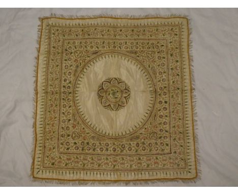 An Indian embroidered silk and wirework square panel with floral and geometric decoration, 30" x 30"