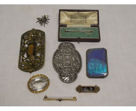 A selection of various decorative brooches including Chinese silver oval brooch, bug brooch, pinchbeck rectangular bar brooch