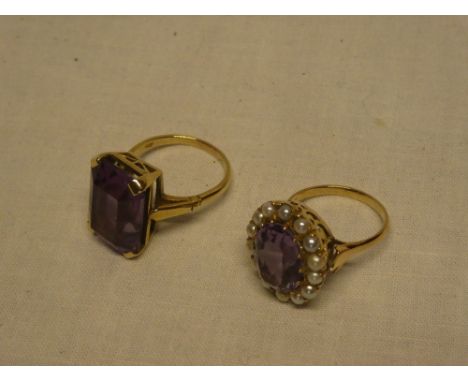A 9ct gold dress ring set amethyst and pearls and one other 9ct gold dress ring set amethyst (2)