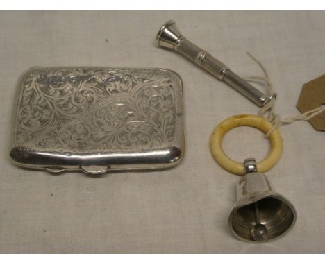 A silver cigar piercer with engine turned decoration, child's teething ring with silver mounted bell and a silver rectangular