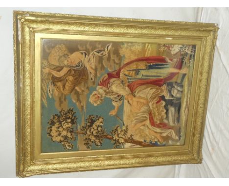 A large Victorian rectangular needlework tapestry depicting a religious scene, 34" x 24"