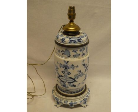 A German china and brass mounted oil lamp with cylindrical body and detachable font, 13½" high with later table lamp conversi