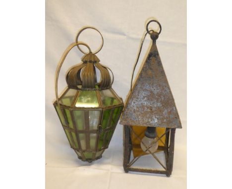 A brass octagonal ceiling light with green tinted glass panels and one other painted metal hall light (2)