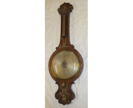 A large 19th century mercury barometer with silvered circular dial below thermometer in inlaid rosewood case
