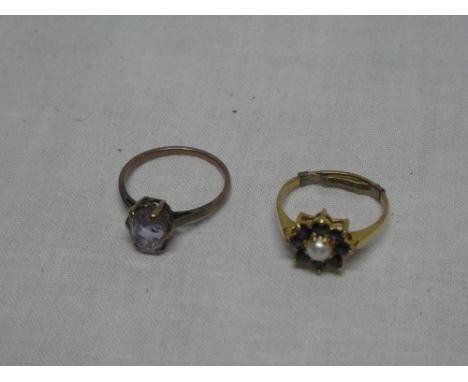 A 9ct gold dress ring set a pearl and sapphires and one other amethyst mounted dress ring (2)