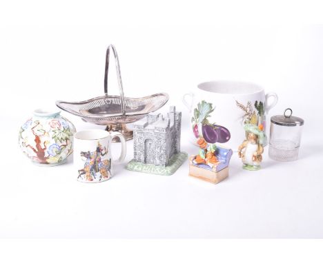 A Wedgwood gourmet oven to table ware pot Decorated with fruit and corn on the cob, Masonic mug, silver plated swing handled 