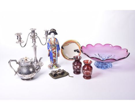 A Murano coloured glass heavy bowlAlong with a Lorna Bailey art deco style plaque, a ceramic figurine Japanese geisha , a pai