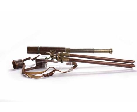 THREE DRAW TELESCOPE WITH SUNSHIELD 
by Broadhurst, Clarkson & Co, London, with x25 magnification, contained within a leather