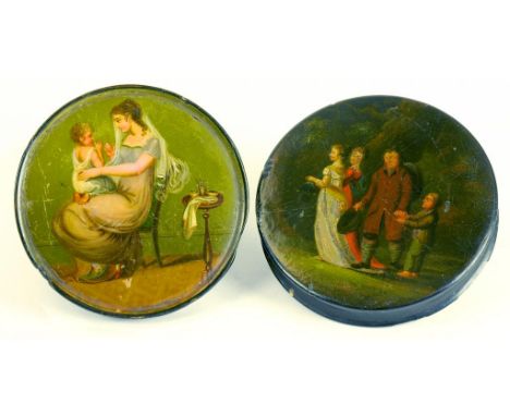 AN EARLY 19TH CENTURY PAPIER MACHE SNUFF BOX AND COVER AND THE COVER OF ANOTHER BOX, PAINTED WITH A FAMILY IN A WOOD OR MOTHE