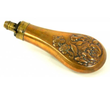 A VICTORIAN EMBOSSED BRASS POWDER FLASK