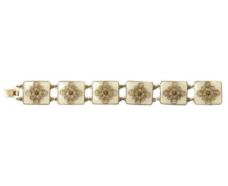 A NORWEGIAN SILVER AND EAU DE NIL GUILLOCHE ENAMEL BRACELET OF SIX PANELS WITH APPLIED FILIGREE DECORATION, BY IVAR T HOLTH