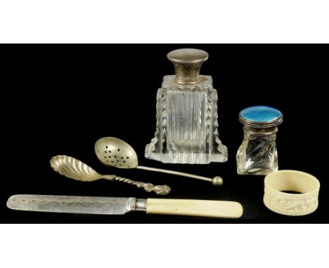 A GEORGE V CUT GLASS SCENT BOTTLE WITH SILVER AND TURQUOISE GUILLOCHE ENAMEL COVER, BIRMINGHAM 1921, ANOTHER SILVER MOUNTED C