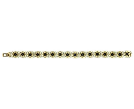 A NORWEGIAN SILVER, WHITE ENAMEL AND BLACK ENAMEL CABOCHON BRACELET BY DAVID ANDERSEN