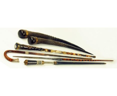 A HORN MULTI WALKING STICK, EBONY SWORD STICK, SILVER MOUNTED BAMBOO CANE, POLYNESIAN (?) FISHING SPEAR AND PAIR OF MOUNTED H