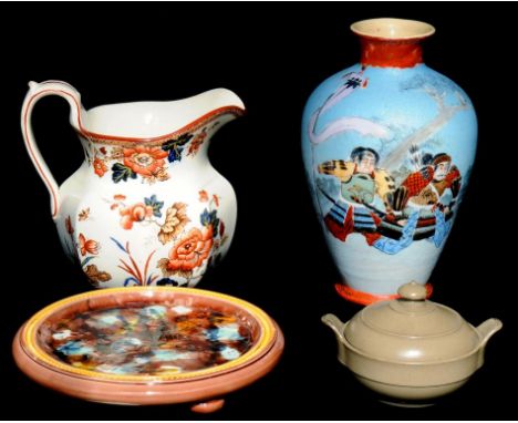 A WEDGWOOD MAJOLICA TEAPOT STAND, A WEDGWOOD EARTHENWARE EASTERN FLOWERS PATTERN JUG, A WEDGWOOD SMEAR GLAZED SUCRIER  AND CO