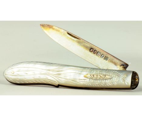 A VICTORIAN SILVER FRUIT KNIFE WITH MOTHER OF PEARL SCALES, SHEFFIELD 1869, MOROCCO CASE