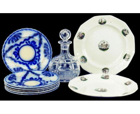 A SET OF SIX DAISY MOULDED EARTHENWARE FLOW BLUE PLATES, IMPRESSED CROWN, 19TH CENTURY, A PAIR OF STONE CHINA PLATES PRINTED 