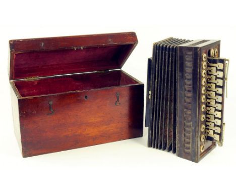 A GRAINED ROSEWOOD AND BRASS STRING INLAID ACCORDION, WITH BRASS MOTHER OF PEARL AND NICKEL PLATED MOUNTS, GREEN PRINTED TRAD