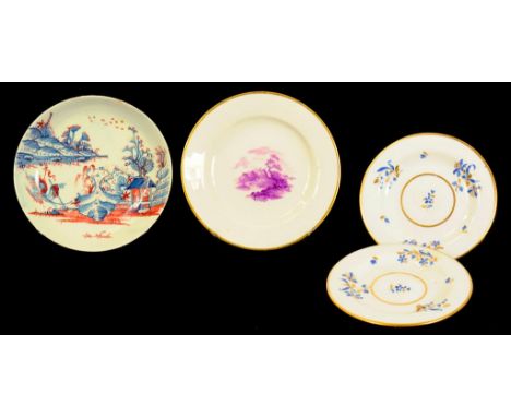 A CHRISTIAN'S LIVERPOOL SAUCER PAINTED IN UNDERGLAZE BLUE AND IRON RED ENAMEL C1770 AND A PAIR OF SMALL PLATES