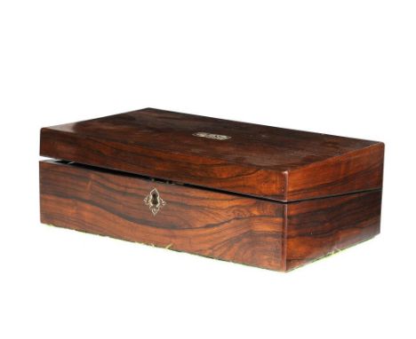 A VICTORIAN ROSEWOOD WRITING BOX, THE LID INLAID WITH MOTHER OF PEARL ENGRAVED R. ANTHONY, WITH FITTED INTERIOR