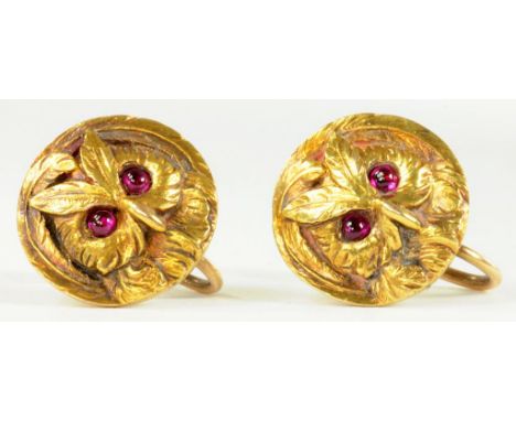 A PAIR OF TWO COLOUR GOLD OWL'S HEAD EARRINGS, SET WITH RUBY CABOCHON EYES, CIRCA 1900, ADAPTED FROM CUFFLINKS, 7.8G
