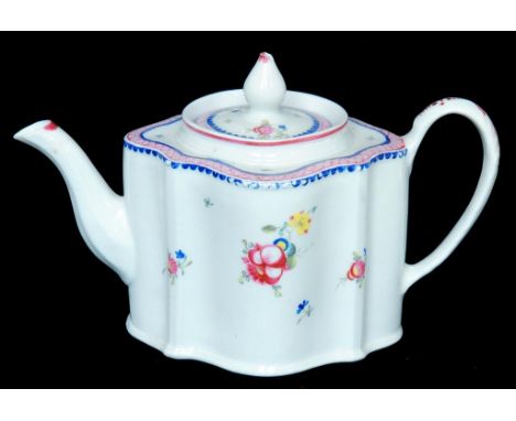 A NEW HALL TEAPOT AND COVER OF SILVER SHAPE AND ENAMELLED WITH PATTERN 22 OF LOOSE BOUQUETS AND SCATTERED FLOWERS BENEATH A B