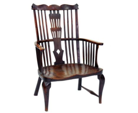 A GEORGE III YEW WOOD WINDSOR CHAIR WITH COMB BACK AND ELM SEAT ON CABRIOLE LEGS, REDUCED IN HEIGHT