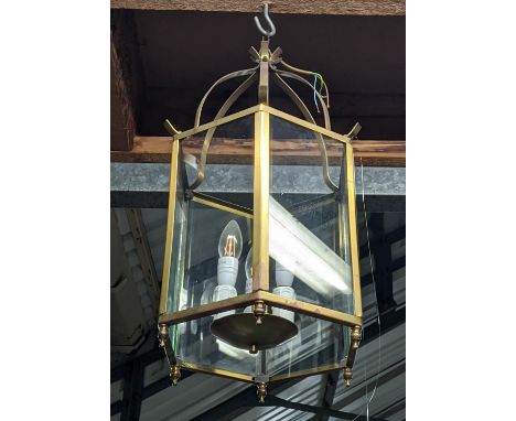 HALL LANTERN, gilt metal and glazed, three branch light, 65cm H. (faults to finish) 