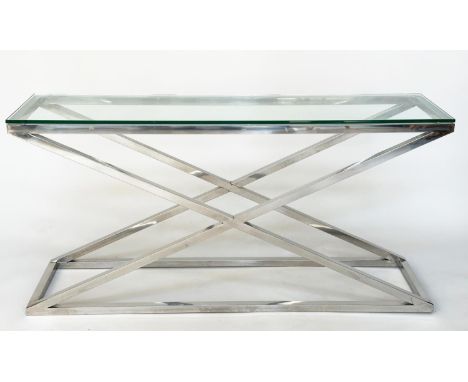 CONSOLE TABLE BY EICHHOLTZ, rectangular 12mm plate glass, on 'X' chrome support, 150cm W x 40cm D x 74cm H. 