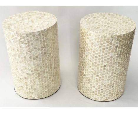 LAMP TABLE/COLUMNS, a pair, circular mother of pearl style tracery, 33cm x 50cm H. (2) 