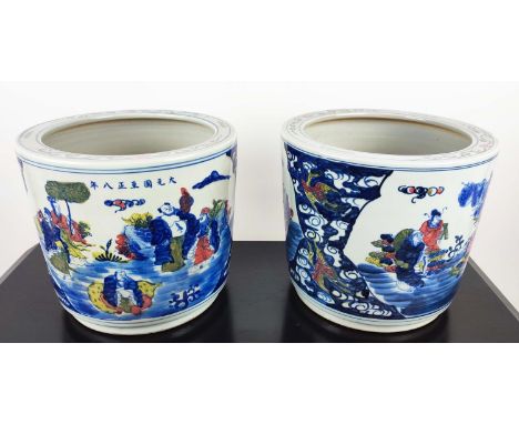 PLANTERS, a pair, Chinese style glazed ceramic, 34cm diam x 30cm. (2) 