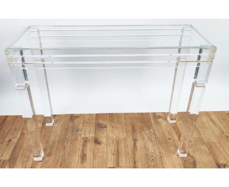 GLASS AND PERSPEX CONSOLE TABLE. 102cm w x 38cm d x 79cm T 