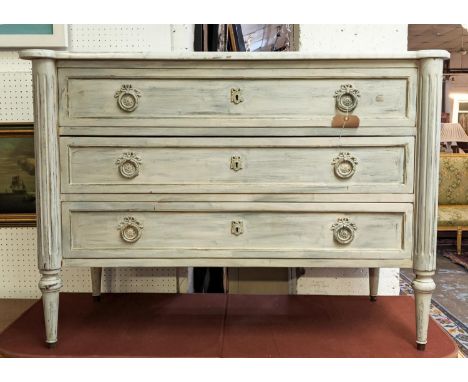 COMMODE, 120cm W x 49cm D x 82cm H, Louis XVI style, with a white marble top over three drawers in a grey paint wash finish. 