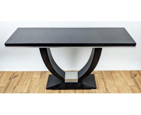 ART DECO STYLE CONSOLE TABLE, ebonised, U-shaped support, plinth base, 85cm H x 140cm W x 41cm D. 