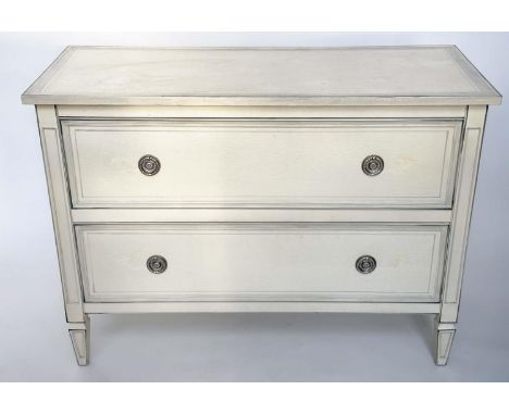 COMMODE, Gustavian style traditionally grey painted with two long drawers and stile supports, 110cm W x 45cm D x 80cm D H. 