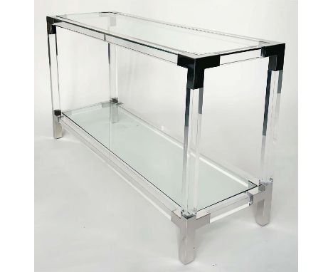 LUCITE CONSOLE TABLE, rectangular with chromium corners and two tier glass, 150cm x 40cm D x 75cm H. 