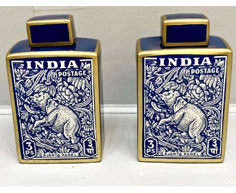 GINGER JARS, a pair, 31cm high, 18cm wide, 12cm deep, glazed ceramic, vintage reproduction Indian postal stamp design. (2) 