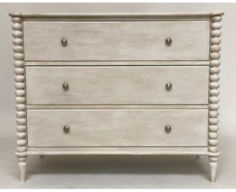COMMODE, shaker style traditionally grey painted with three long drawers, and bobbin turned pilasters, 103cm W x 49cm D x 86c