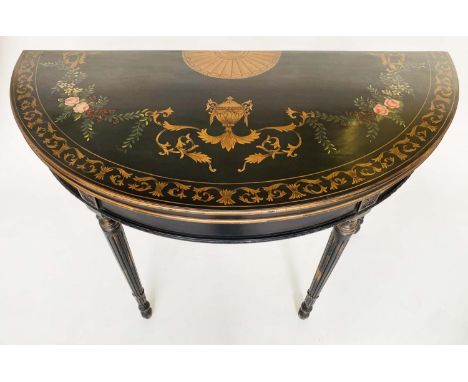 CONSOLE TABLE, George III design black lacquered, demi lune with gilt urn and floral decoration and fluted tapering supports,