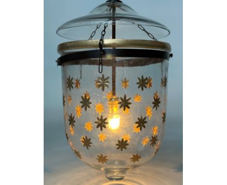 CEILING LANTERN, glass bell jar, gilt star decorated, 50cm H, overall 30cm W. 