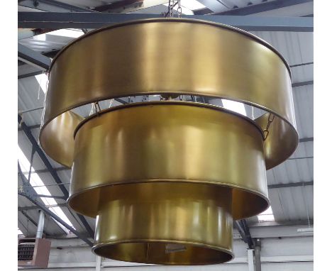 CEILING PENDANT LIGHT, three tier gilt metal shade design, 205cm drop. 